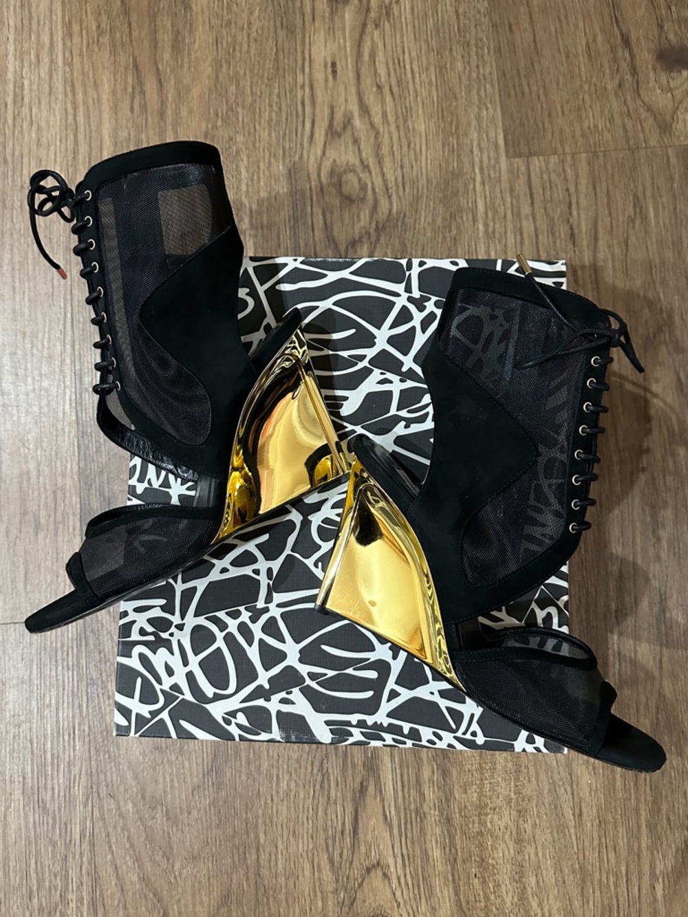 Diane Von Furstenberg Black and Gold Lace Up Statement Ankle Booties